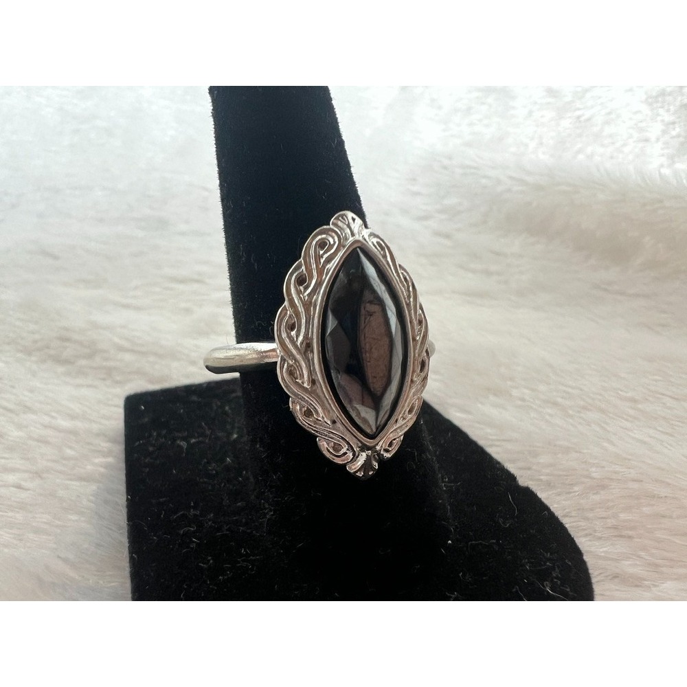 Vintage Avon Silver Marquise Black Stone Ring Adjustable 7 8 Romantic Gothic